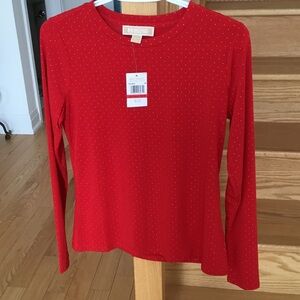Michael Kors NWT Red with Gold Metal Embellished Dots Long Sleeve Tee